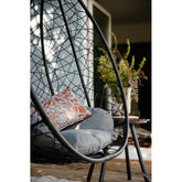 Hectarul - Scaun suspendat tip scoica din ratan, terasa/ balcon, perne gri, cadru otel negru, 105x105x196 cm